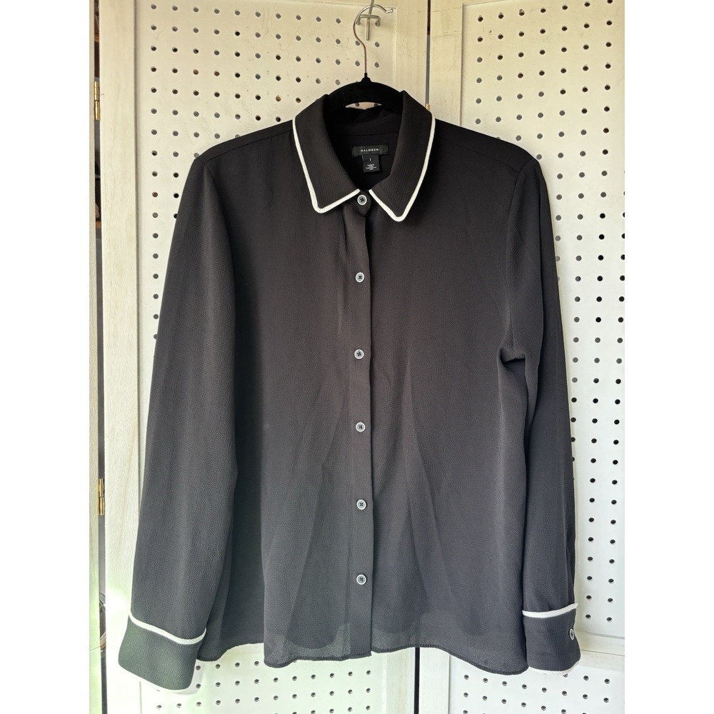 Halogen Size 1 / US Lg Black Button Down Bouse White Trim Women's Career Casual